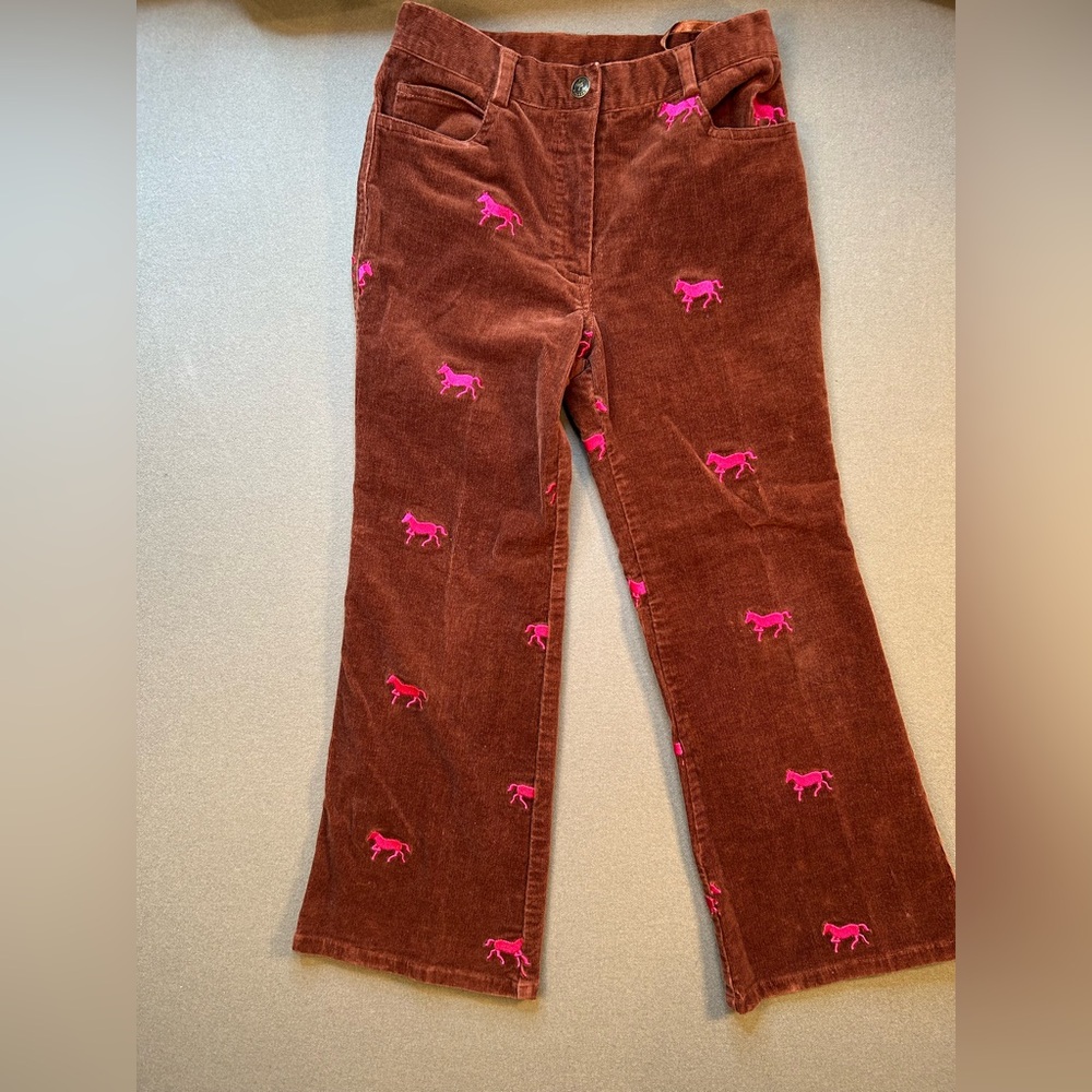 Vintage, Lilly Pulitzer Brown Cord Pants, Pink Horse Embroidery, Kids, Size 7